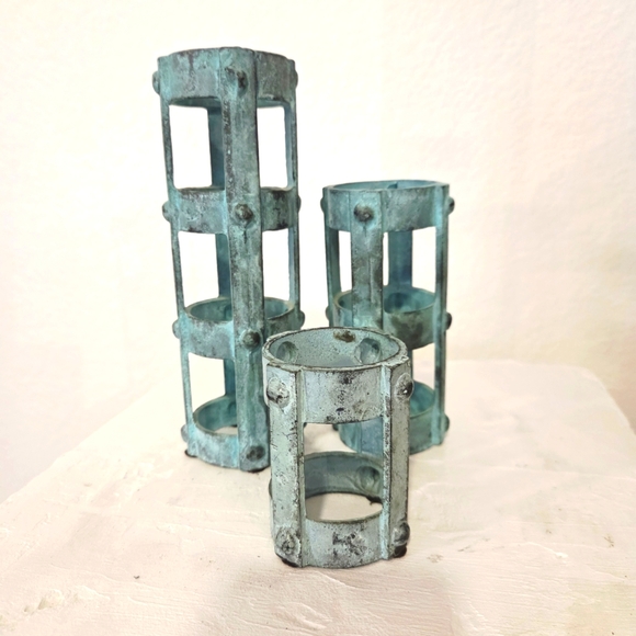 Set of 3 Brutalist style Candlestick Holders Cage Design Vintage MCM